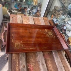 Antique Victorian Brass Inlaid Serving Tray 