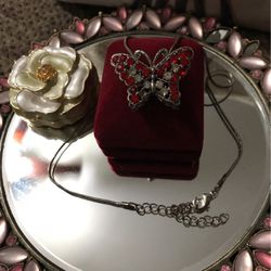 Pretty !! Silver Butterfly Necklace Ruby Red & Diamond Crystal Stones 
