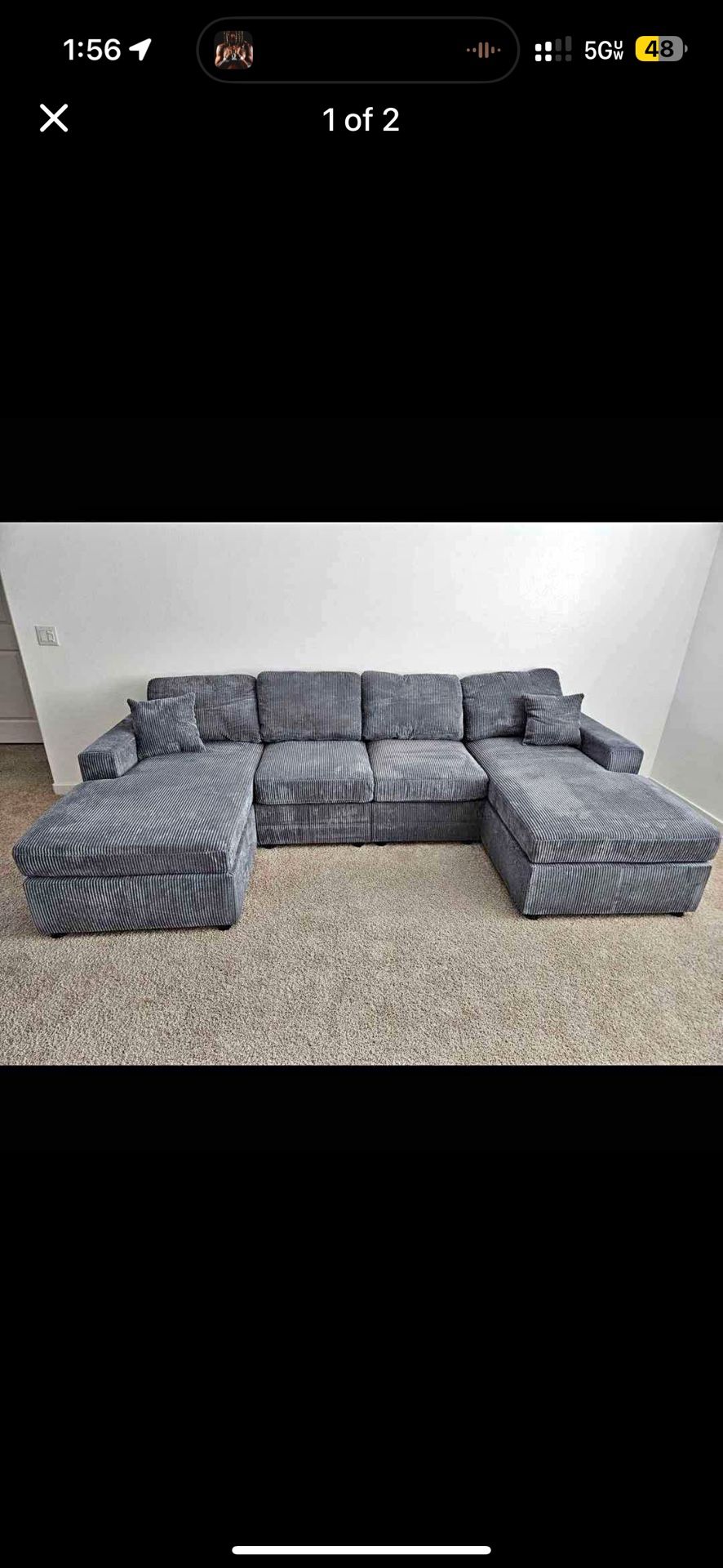 BRAND NEW DARK GREY DOUBLE CHAISE CORDUROY SECTIONAL SOFA (NEW IN BOX)