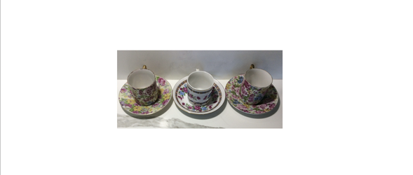 3 Vintage Demitasse Tea Cups & Saucers Set with Gold Trim