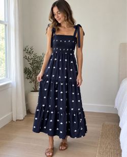 Navy Blue Heart Print Smocked Tiered Maxi Dress