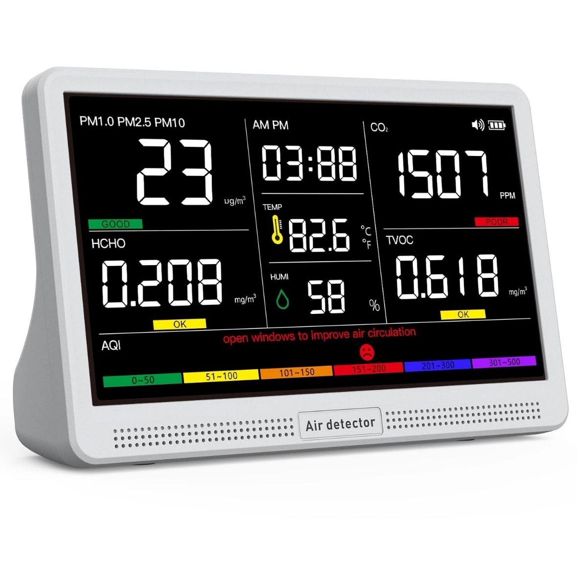 YNAK 16 in 1 Air Quality Monitor Indoor 7" Display 9 Alerts Air Quality Meter