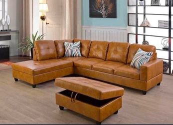 Carmel leather sectional couch and ottoman