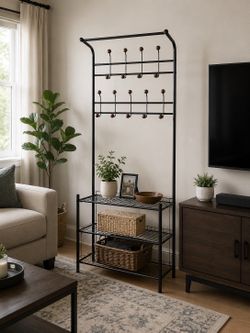 Black Metal Hall Tree with Wooden Hooks