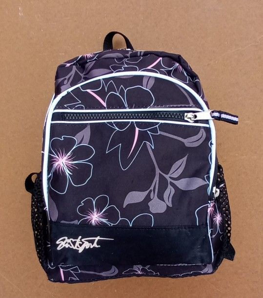 EastSport. Medium Backpack. Black/pink Hibiscus. Pre-owned. One Small Blemish Inside.