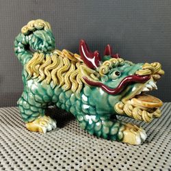 Chinese Traditional WuCai Porcelain Feng Shui kylin Foo Dog Lion Statue