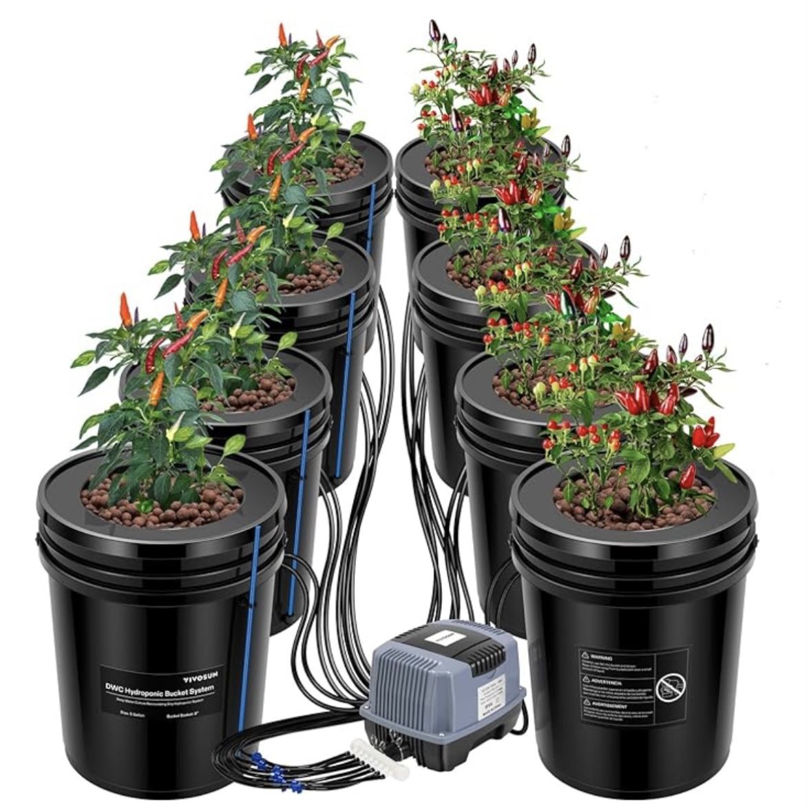 VIVOSUN DWC Hydroponics Grow System with Top Drip Kit. Includes 8 Buckets
