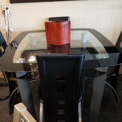 Brand New Black Glass Counter High Dining Table (42x42x26H) + 4 Black Faux Leather Chairs