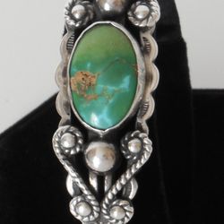 Old Pawn Navajo Sterling Silver Royston Turquoise Cabochon Cuff Bracelet w/ Hand Stamped Solar Rays & Arrows Pattern