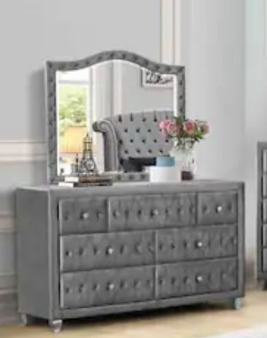 Gray Dresser And Mirror