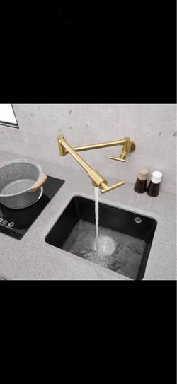 Wall Mount Pot Filler Faucet Double-Handle Folding Kitchen Restaurant Sink with Dual Joint Swing Arm Commercial in Gold