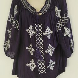 Navy Blue Embroidered Boho Tunic Top |Large 