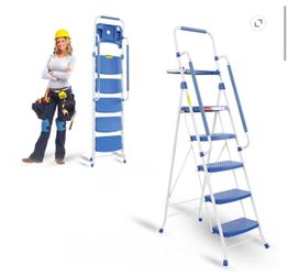 Folding 5-Step Ladder with Handrails and Tool Tray, Anti-Slip Wide Pedals, Safety Ladder for Adults, Blue