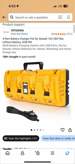 YETOKING 4-Port Fast Battery Charger Station for DeWalt 12V/20V Max Lithium Batteries (DCB104 Replacement)