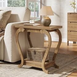 New End Table, Narrow Wood Side Table with Storage Shelves, 2-Tier Bedside Accent Furniture