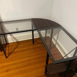 L-shape Glass Desk With Shelves and Gaming Chair