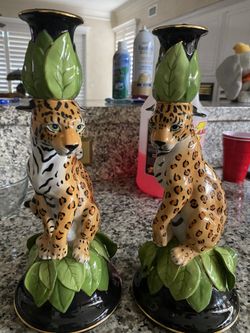 Pair of Lynn Chase Jaguar Jungle Candle Sticks