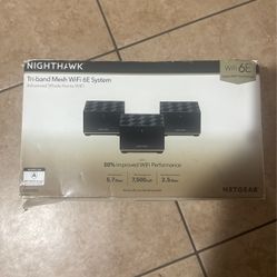 NETGEAR Nighthawk Tri-Band Whole Home Mesh WiFi 6E System (MK93S) – Router + 2 Satellite Extenders - 5.7Gbps Speed - Coverage up to 7,500 sq. ft., 100