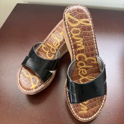 Sam Edelman Reid Black Patent Leather Cork Wedge Platform Sandal Size 6.5
