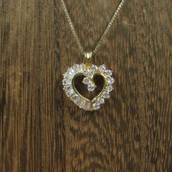 18" Sterling Silver Quality Gold Plated CZ Heart Pendant Necklace Vintage