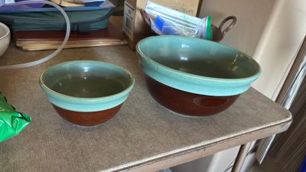 Red Wing  vintage 10” and 6 inch bowls brown with green glaze
