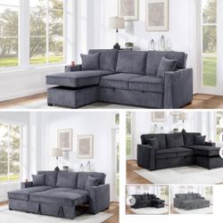 $380 . 2-P Convertible Sectional  Sleeper Sofa W/ Cupholder Sofa Storage & USB Ports  89”x 59”X36”H