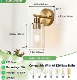 Set of 2 Wall Sconces for Bathroom, Brushed Gold Modern Vanity Lights with Clear Glass