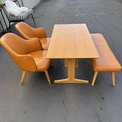 Mid Century Danish Modern Low Position Breakfast/Dining Table with 2 Real Leather Chairs and Bench