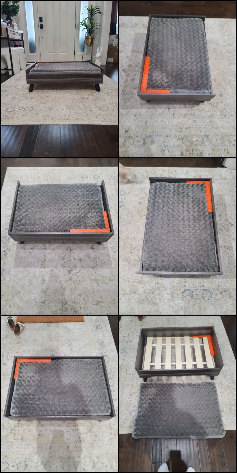 Modern Raised Pet Bed — Gray Wood with Plush Cushion