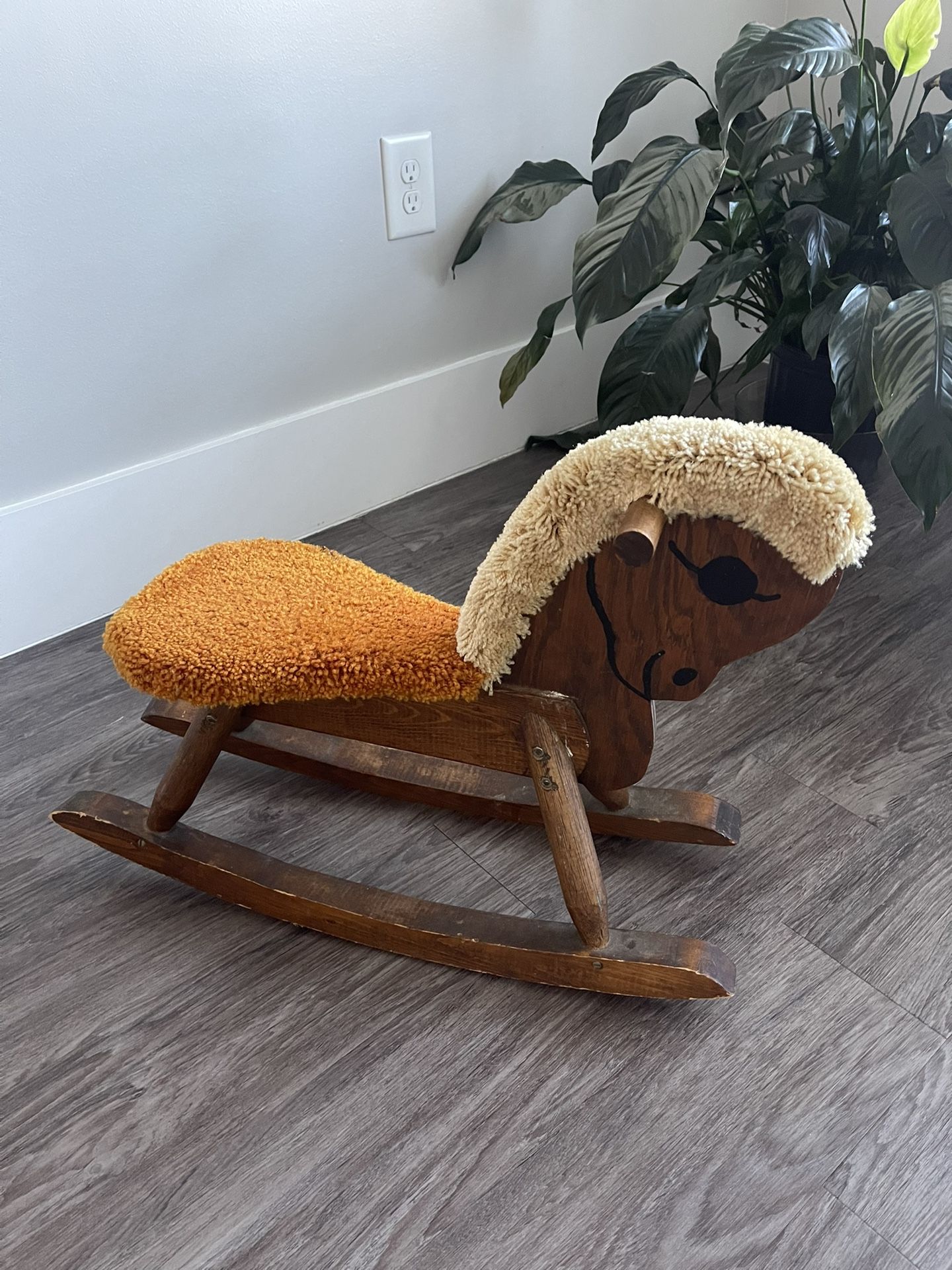 Vintage Wooden Rocking Horse (with a yellow/orange terrycloth seat and mane)