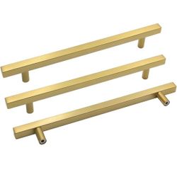goldenwarm Brushed Brass Cabinet Pulls Kitchen Hardware Drawer Pulls 7-1/2 Inch Hole Centers - LS1212GD192 Square T Bar Gold Handles Dresser Cupboard 