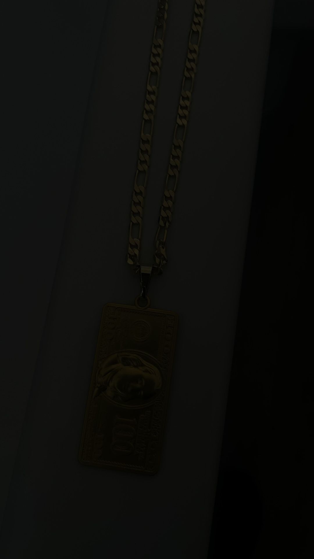 14k Gold Plated Figaro Chain, With 100 Dollar Bill Pendant