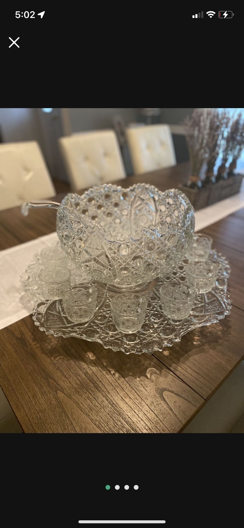 Vintage Smith Glass daisy and button punch bowl set. Original packaging and box. Excellent condition. Punch bowl. Underplate. Ladle. 10 cups.