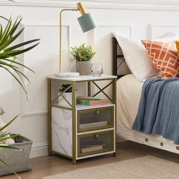 Side TABLE / Modern Night Stand End Side Table with Storage and Door, Nightstands with Drawers for Home, Gold