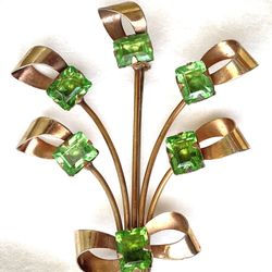 Vintage Gold Tone Green Stones Brooch