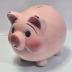 Vintage Mid Century Pink Ceramic Piggy Bank Blue Eyes 8" Retro Kitsch MCM