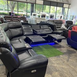 3 Power Recliner Seats with Bluetooth Speaker and LED Living Room Sectional 