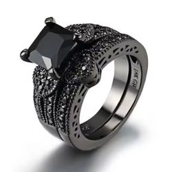 Black Crystal Promise Heart Black Ring for Women 2pc