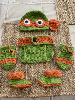 HAND KNITTED NINJA TURTLE HAT, DIAPER COVER, MITTENS & BOOTIES