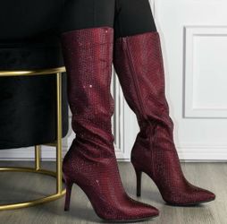 Brown Rhinestone Knee-High Stiletto Boots