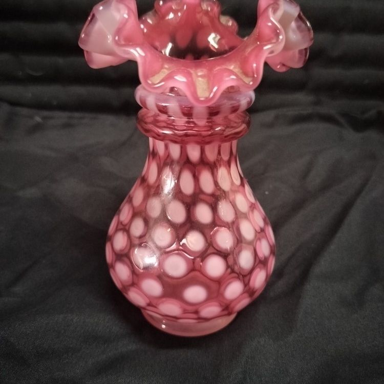 Vintage Fenton Glass Cranberry Pink Opalescent Coin Dot Fluted