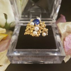 14k Yellow Gold French Pearl Blue Enamel Ring