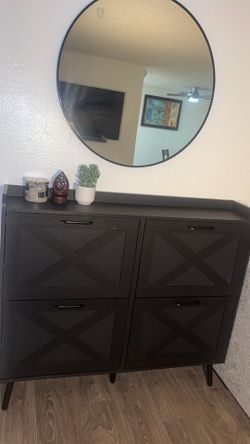 Modern Black Shoe Cabinet + Round Wall Mirror – Excellent Condition