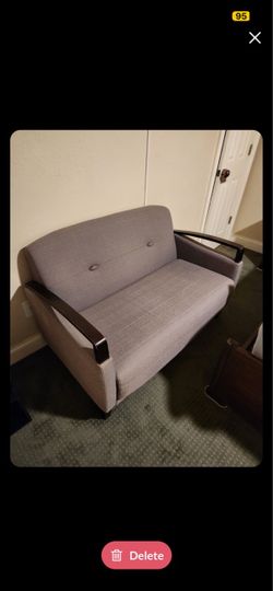Gray Fabric Loveseat with Wood Arms