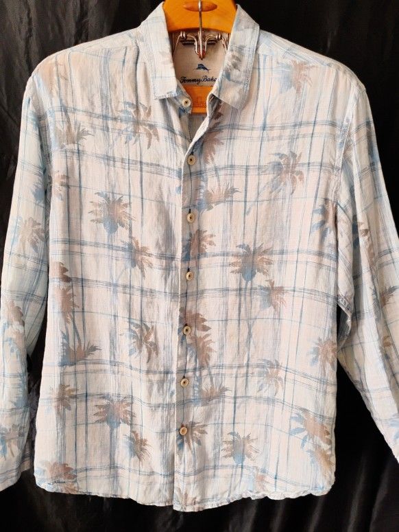 Tommy Bahama Relax Shirt Men L Blue Palm Tree Plaid Linen Button Front