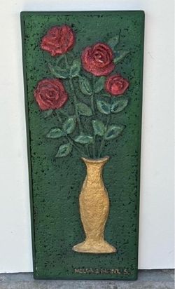 Vintage Textured Floral Vase Plaque, Wall Art Signed Helga Schweininger