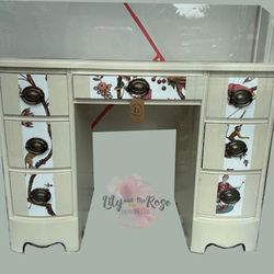 Unique Beige Refinished Solid Wood Vintage Desk w/ Scalamandre Chinoise Exotique accents - all 4 sides refinished  