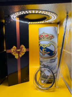 Real Madrid 20oz Stainless Steel Tumbler Cup w/ Lid & Straw Gift Box