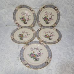 Lenox Ming Salad Plates Set of 5 Vintage Fine China Pink Floral Bird Gold Trim