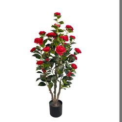 Alonfale 3.4ft Artificial Camellia Tree | Red Flowers & Green Leaves | Indoor Outdoor Decor, No Maintenance (1 Pack - Red)
